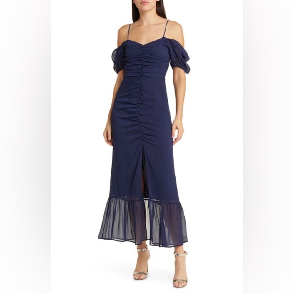 Wayf Nyla Navy Ruched Cold Shoulder Midi Dress with Sheer Ruffle Hem
